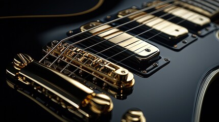 Close-up view of a black electric guitar's fretboard and bridge.