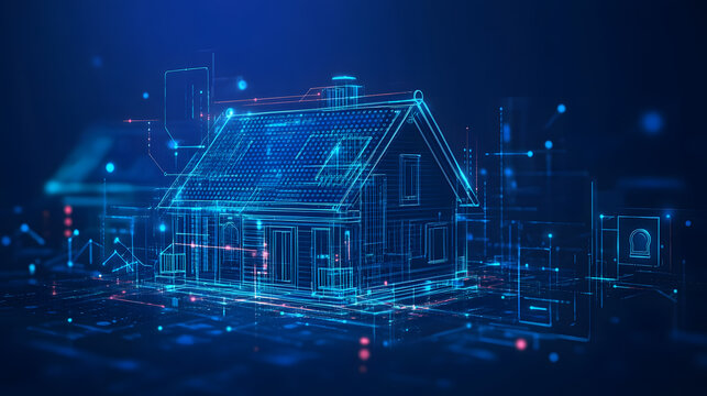 Digital Blueprint of a House with Futuristic Network Connections