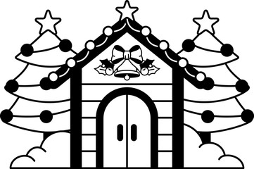 black and white illustration of The house is decorated with Christmas lights and a Christmas tree