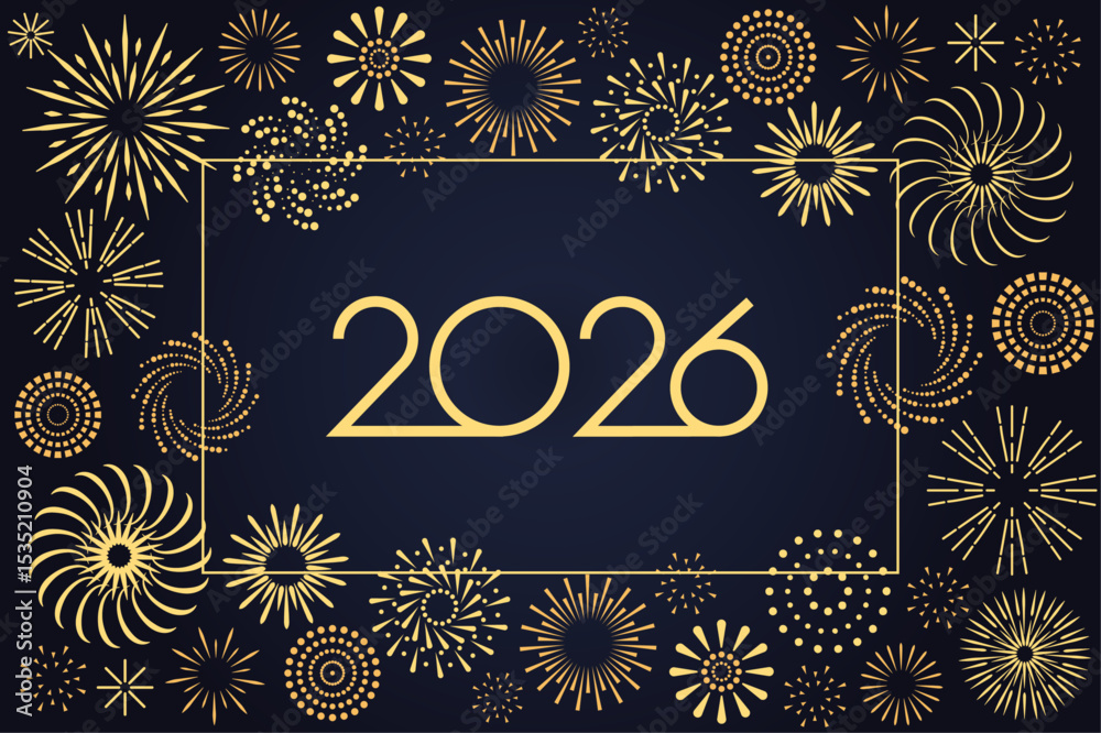 Poster happy new year 2026 golden fireworks background. vector design template with border frame of gold fi