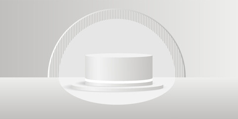 Abstract white background with cylindrical podium for displaying products, 3D white and grey cylindrical pedestal with curved background and cave wall, Vector eps10