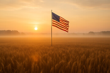 The American flag waves gracefully over a golden wheat field at sunrise, soft, warm and peaceful.
