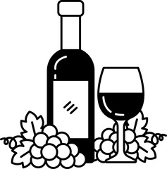 black and white illustration of a bottle of grapes wine