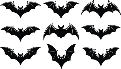 Black bat silhouettes with various wing positions in a graphic