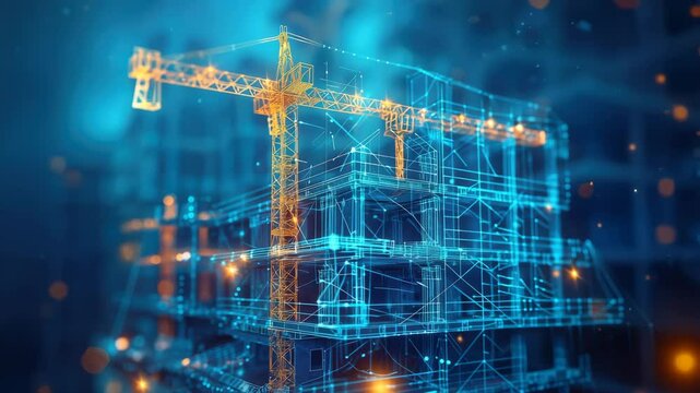 Futuristic digital wireframe of building construction with crane, glowing blue and orange lines, technology and innovation architecture night, showcasing modern construction, digital innovation