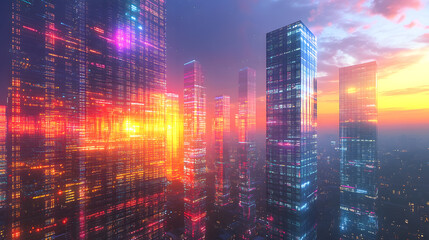 Obraz premium Futuristic Cityscape at Sunset with Illuminated Skyscrapers