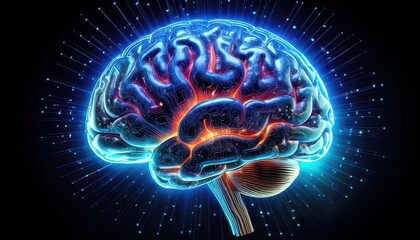 A glowing, digital illustration of a human brain with neon highlights and radiating energy lines on a dark background.