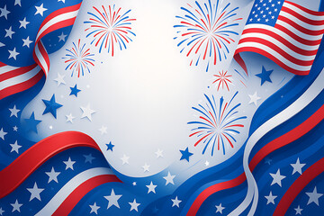 Patriotic celebration background with flag-themed ribbons, stars, and stylized fireworks display.