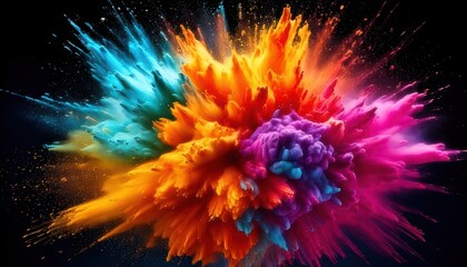 A burst of vibrant colored powder explodes against a dark background, creating an abstract and energetic visual display.