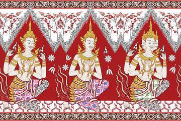  Traditional Thai art seamless wall painting in damask style motifs suitable for wallpaper, clothing, textile and fabric design isolated illustration vector archive EPS file.