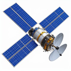 Detailed 3D Render of a Communication Satellite with Blue Solar Panels Against White Background