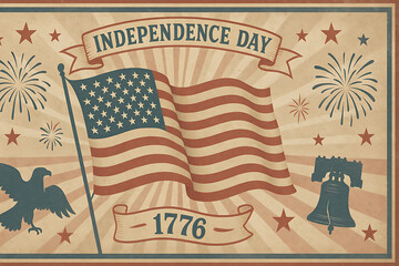 Vintage Independence Day design features flag, eagle, liberty bell, and fireworks illustration.