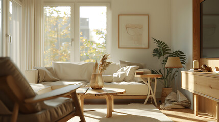 A bright and airy living room features a comfortable white sofa, a wooden coffee table with a vase of dried flowers, and a stylish armchair bathed in natural light