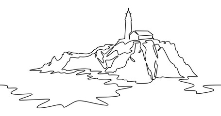 Continuous one line drawing lighthouse on a rocky cliff. Lighthouse on the seashore.One continuous line isolated minimal illustration.Not AI.