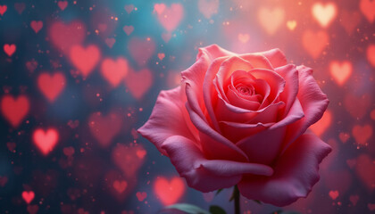 a soft pink rose flower on an abstract bokeh background with hearts and lights, an abstract backdrop for the Valentine's Day celebration