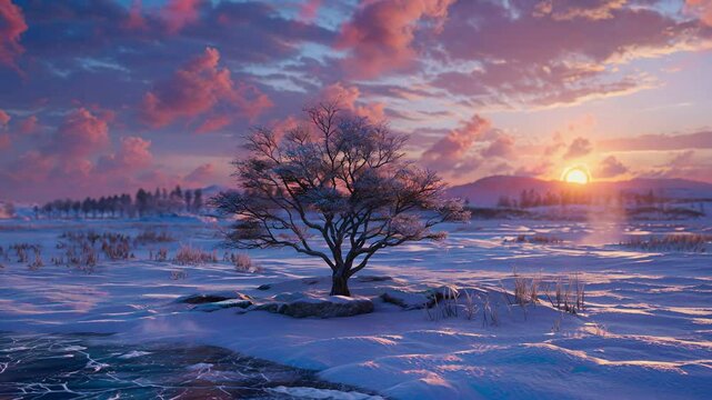 Winter sunset lonely tree snowscape scene