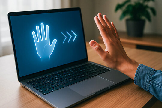 Hand Interacting with a Glowing Holographic Hand Icon on a Laptop Screen
