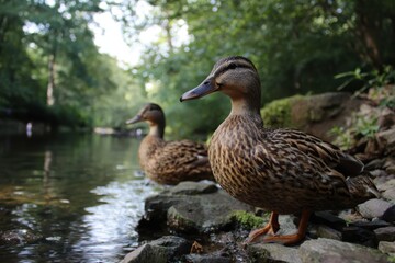 Ducks standing by a serene stream surrounded by lush greenery during a bright sunny day