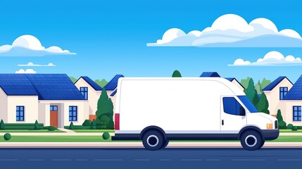 White Delivery Van on Residential Street with Blue Sky and Cozy Houses in Background