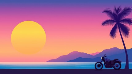 Scenic Sunset with Motorcycle and Palm Tree at Beachside with Vibrant Colors Over Mountain Silhouette