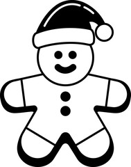 black and white illustration of a gingerbread man wearing a santa costumes