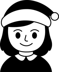 black and white illustration of a girl wearing santa hat
