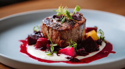 Gourmet meat dish garnished with herbs and served on a refined plate at a modern restaurant