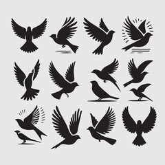 Minimal Flying Birds Silhouettes Vector Set, Clean Bird Shapes Collection