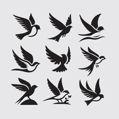 Minimal Flying Birds Silhouettes Vector Set, Clean Bird Shapes Collection