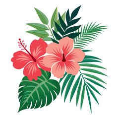 Pink tropical flowers bloom with verdant leaves in a beautiful vector illustration, perfect for nature-inspired designs