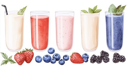 Colorful Display of Fresh Fruit Smoothies in Glasses with Straw and Mint Garnish for Healthy Lifestyle Concept