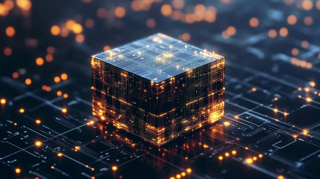 Glowing cube on circuit board, representing data processing and technology.