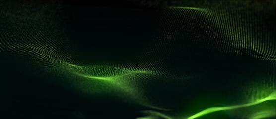 Dynamic green wave of particles and lines. Abstract futuristic background. Big data visualization. 3D rendering.