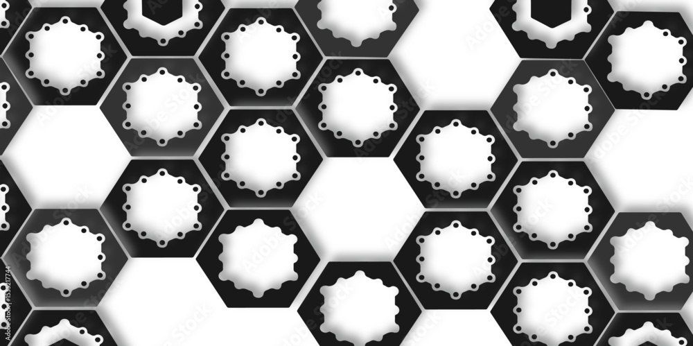 Poster monochrome hexagonal pattern with circular designs in alternating black and white arrangement style.