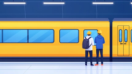 Two Construction Workers Observing Yellow Subway Train at Underground Platform in Modern Urban Setting