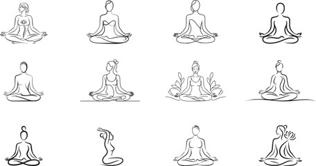 Yoga poses women line art meditation fitness wellness. eps -10