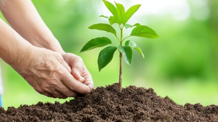 Nurturing a Young Plant in Soil with Gentle Hands for Sustainable Environmental Care and Growth