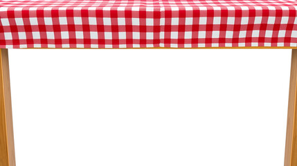 Red and white checkered tablecloth on wooden table isolated on white.