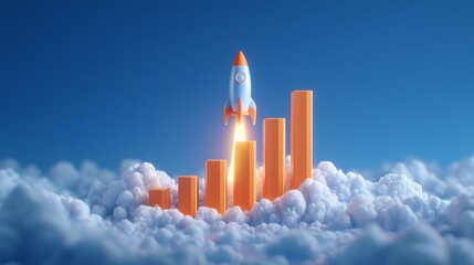 3D rocket launching from ascending bar chart into sky surrounded by clouds representing growth, success, business boost and innovation