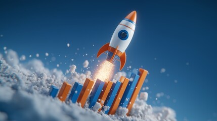 Stylized 3D rocket launching diagonally from vibrant bar graph surrounded by fluffy clouds symbolizing business growth and startup boost