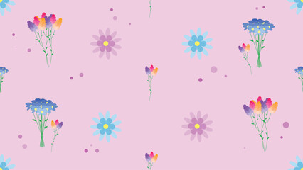 Seamless Spring Floral Pattern with Colorful Bouquets on Pink Background