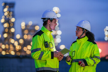 Two industrial safety engineers in high-visibility jackets and helmets discussing work using a tablet, illuminated at night with blurred refinery lights in the background.