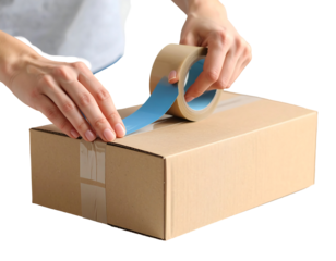 Hands Unpacking a Cardboard Box with Blue Packing Tape