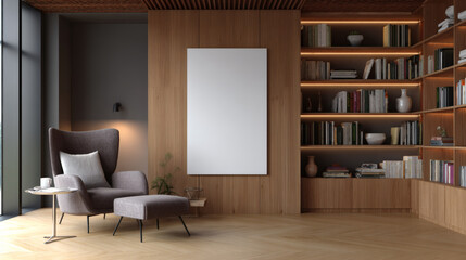 A modern reading nook with a cozy armchair, ottoman, wooden bookshelf filled with books, and a blank wall-mounted frame in a warm, inviting room.