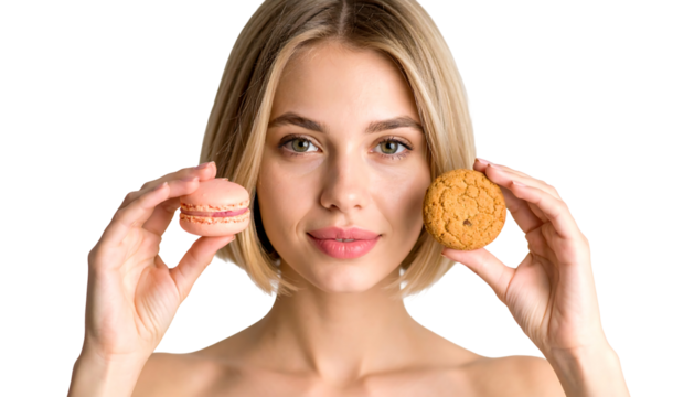 Woman Holding Vegan Cookie and Macaron - Powered by Adobe