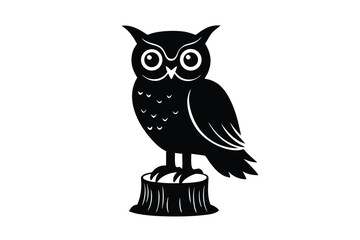 Wide-eyed owl perched on tree stump vector art illustration