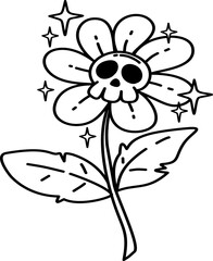 Hand drawn Halloween Groovy Skull Flower Ghost Cartoon Outline