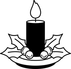 black and white illustration of a candle is lit with holly berries