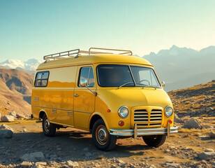 1950s Yellow Cargo Van Mockup in Mountain Landscape