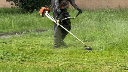 person using a string trimmer to cut overgrown grass in a green yard